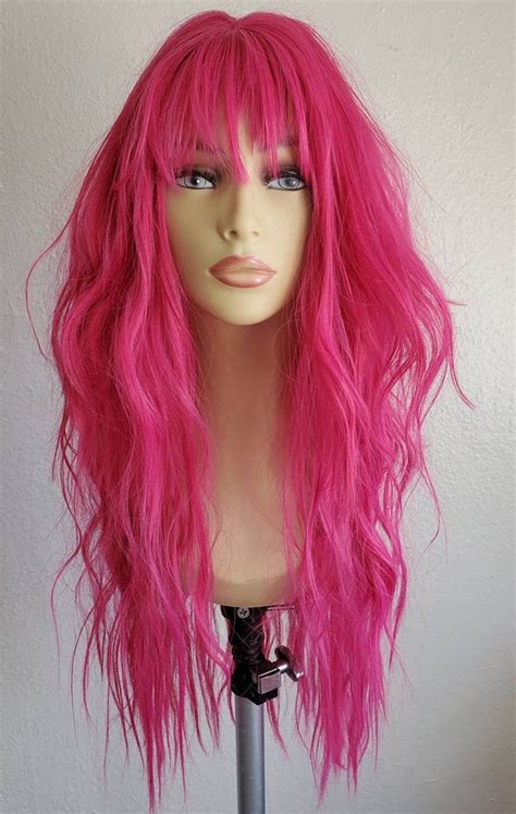 hot pink wig long|hot pink wig with bangs.